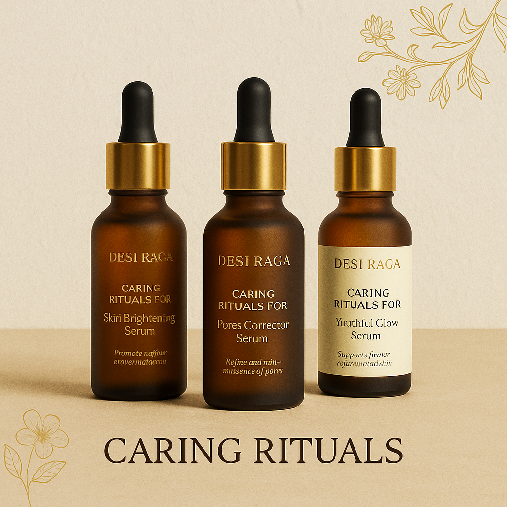 Desi Raga Caring Rituals collection featuring three luxury Ayurvedic serums — Skin Brightening, Pores Corrector, and Youthful Glow — in amber glass bottles with gold accents for natural radiant skincare.