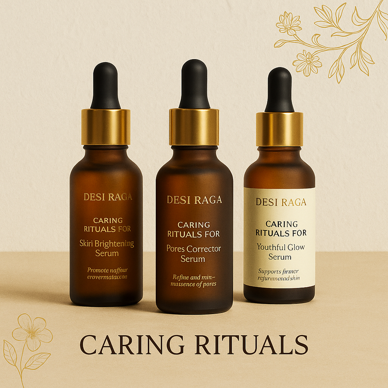 Desi Raga Caring Rituals collection featuring three luxury Ayurvedic serums — Skin Brightening, Pores Corrector, and Youthful Glow — in amber glass bottles with gold accents for natural radiant skincare.