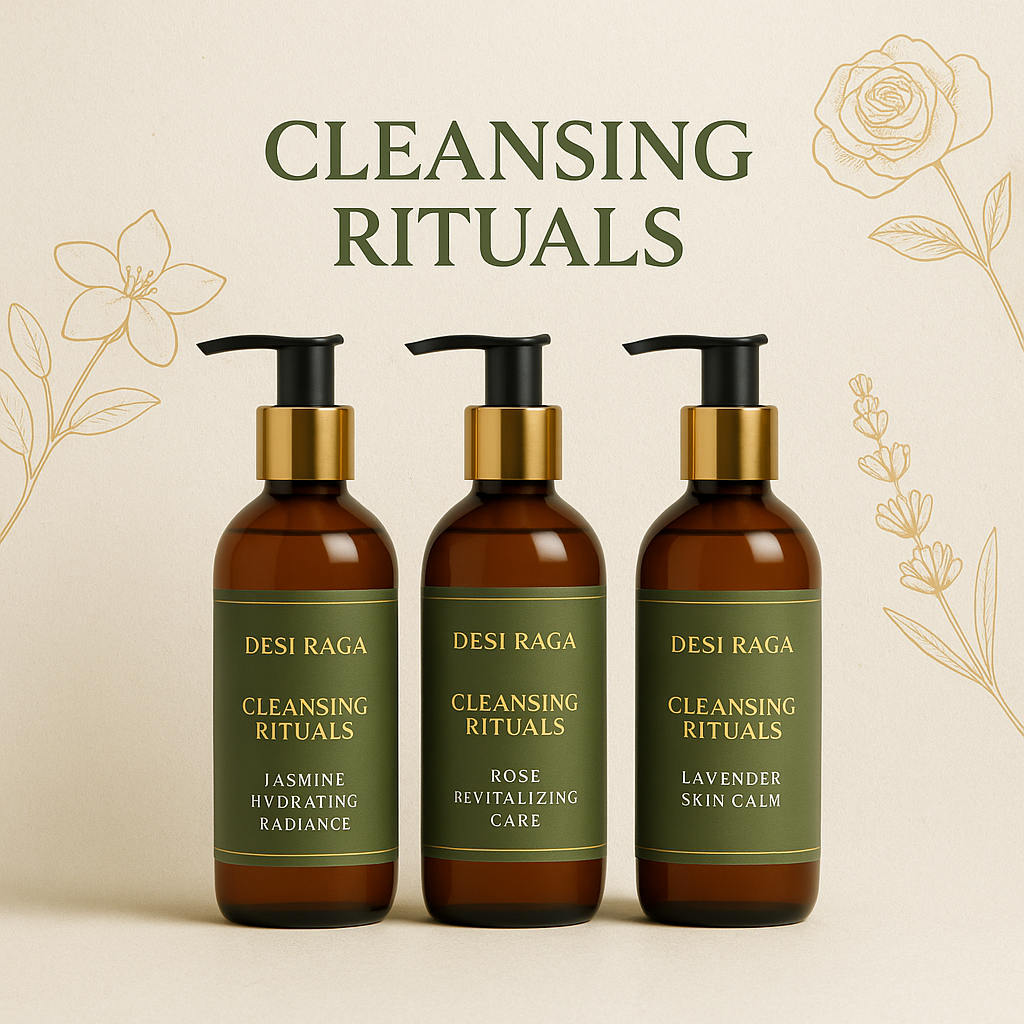 Desi Raga Cleansing Rituals collection with three luxury Ayurvedic facewashes — Jasmine Hydrating Radiance, Rose Revitalizing Care, and Lavender Skin Calm — in amber glass pump bottles for natural gentle cleansing.