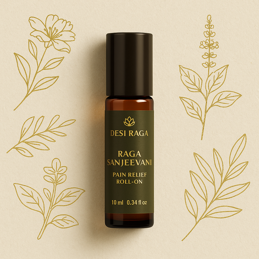 Desi Raga Healing & Wellness collection featuring Raga Sanjeevani Pain Relief Roll-On in amber glass bottle with golden Ayurvedic floral accents, crafted for natural pain relief, joint comfort, and soothing wellness care.