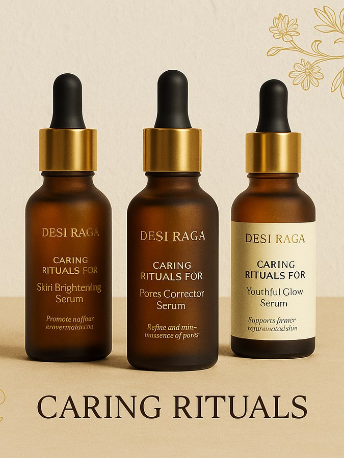 Desi Raga Caring Rituals collection featuring three luxury Ayurvedic serums — Skin Brightening, Pores Corrector, and Youthful Glow — in amber glass bottles with gold accents for natural radiant skincare.