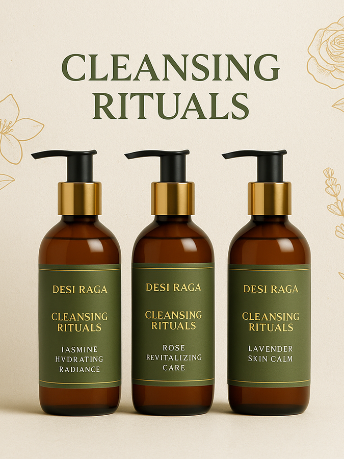 Desi Raga Cleansing Rituals collection with three luxury Ayurvedic facewashes — Jasmine Hydrating Radiance, Rose Revitalizing Care, and Lavender Skin Calm — in amber glass pump bottles for natural gentle cleansing.