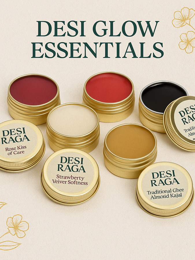 Desi Raga Desi Glow Essentials collection featuring four luxury Ayurvedic lip plumpers — Rose, Strawberry, Vanilla, Papaya — and Traditional Ghee Almond Kajal with Bhimseni Kapoor in aluminium round tins.