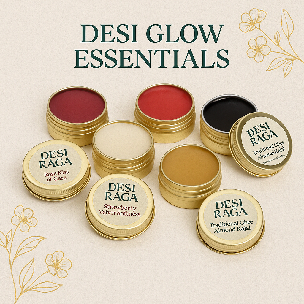 Desi Raga Desi Glow Essentials collection featuring four luxury Ayurvedic lip plumpers — Rose, Strawberry, Vanilla, Papaya — and Traditional Ghee Almond Kajal with Bhimseni Kapoor in aluminium round tins.