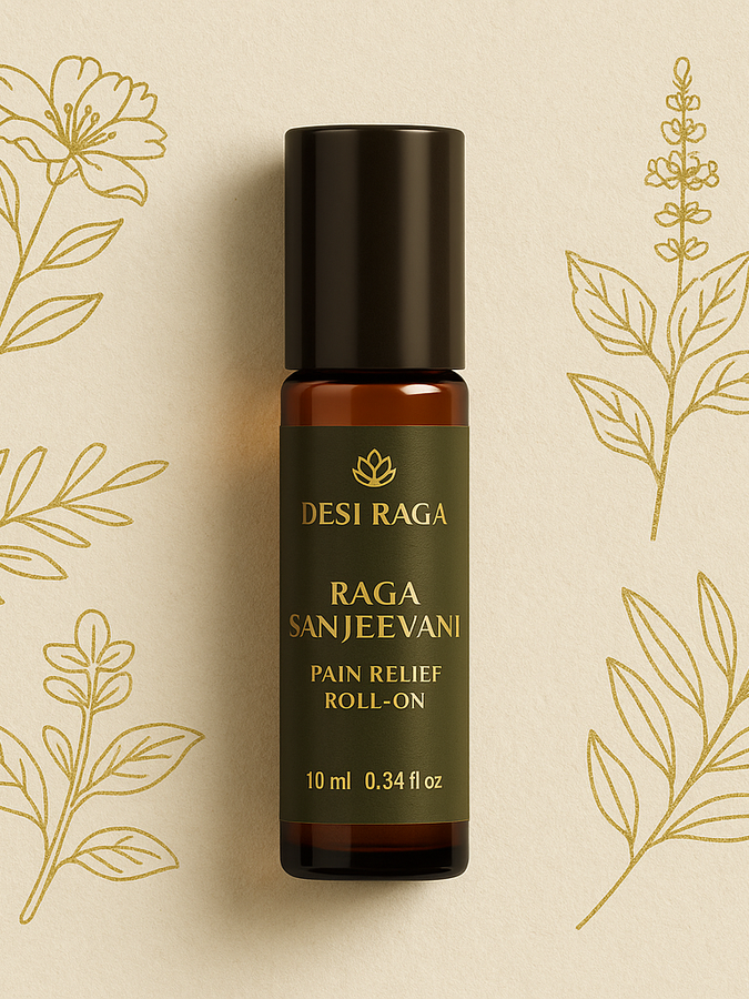 Desi Raga Healing & Wellness collection featuring Raga Sanjeevani Pain Relief Roll-On in amber glass bottle with golden Ayurvedic floral accents, crafted for natural pain relief, joint comfort, and soothing wellness care.